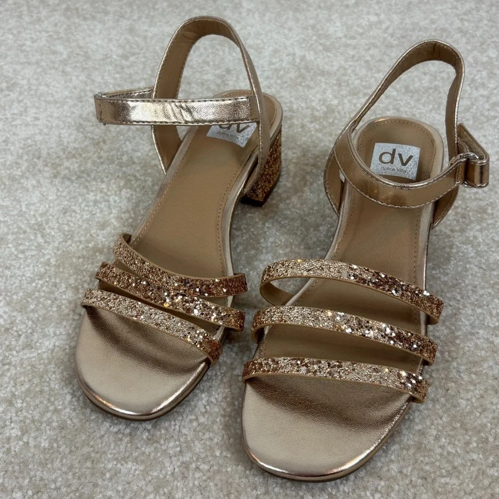 DV‎ Dolce Vita Glee Rose Gold Glitter Block Heel Sandals Girls Size 3 SF1417
